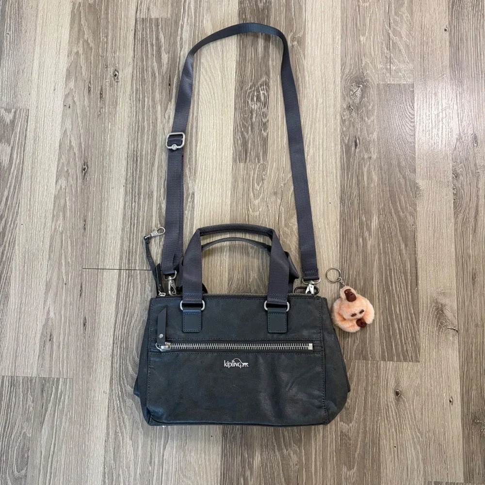 Kipling Charcoal Gray Crossbody Satchel‎ Bag Coated Nylon Monkey Travel 11x8x4